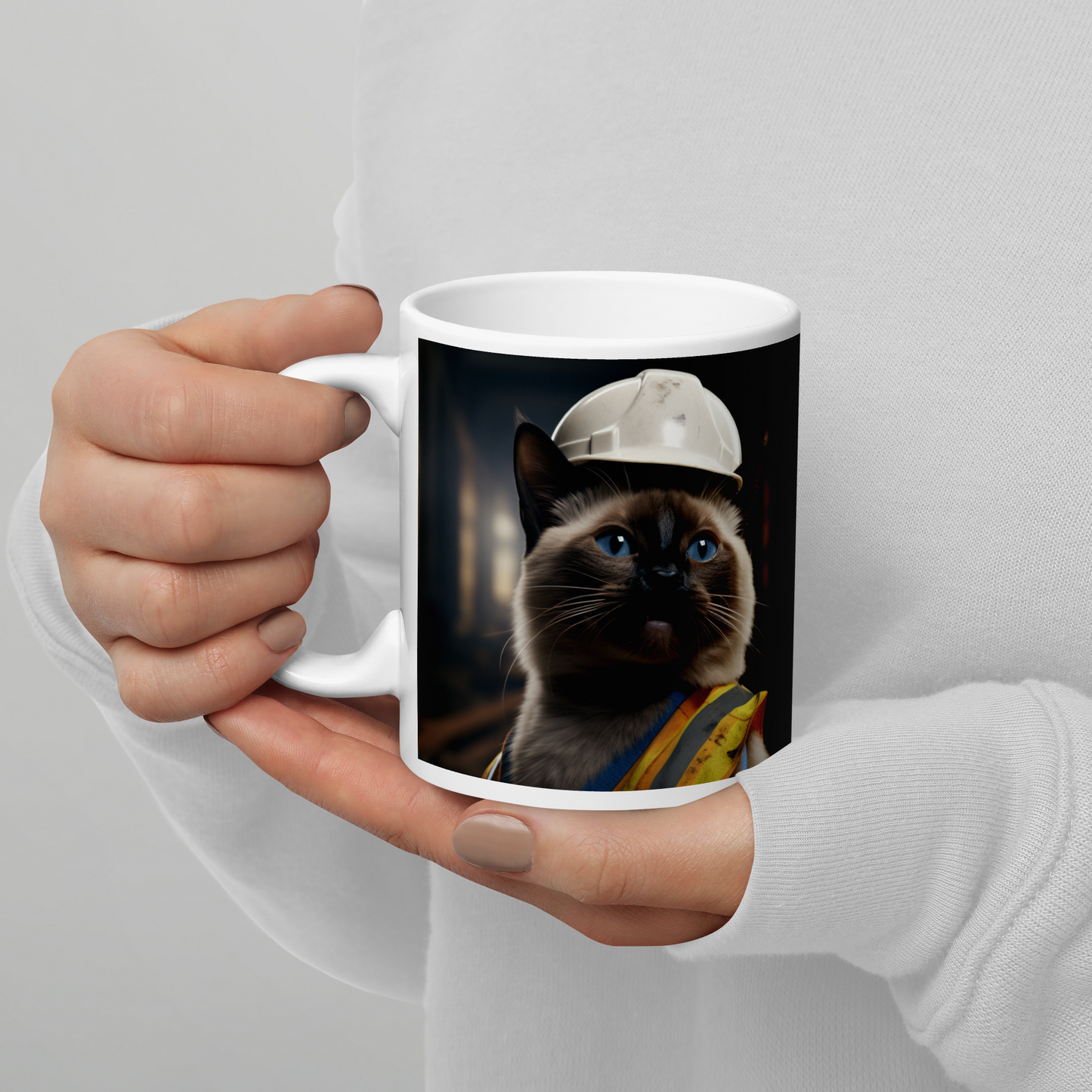 Siamese ConstructionWorker White glossy mug