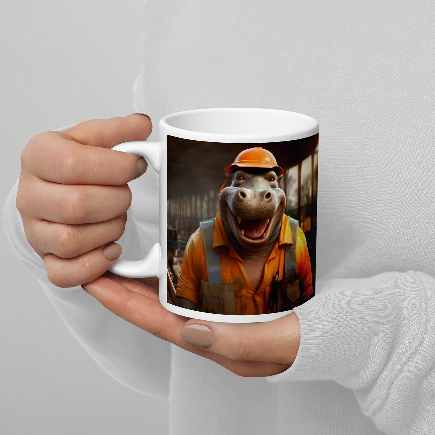 Hippo ConstructionWorker White glossy mug