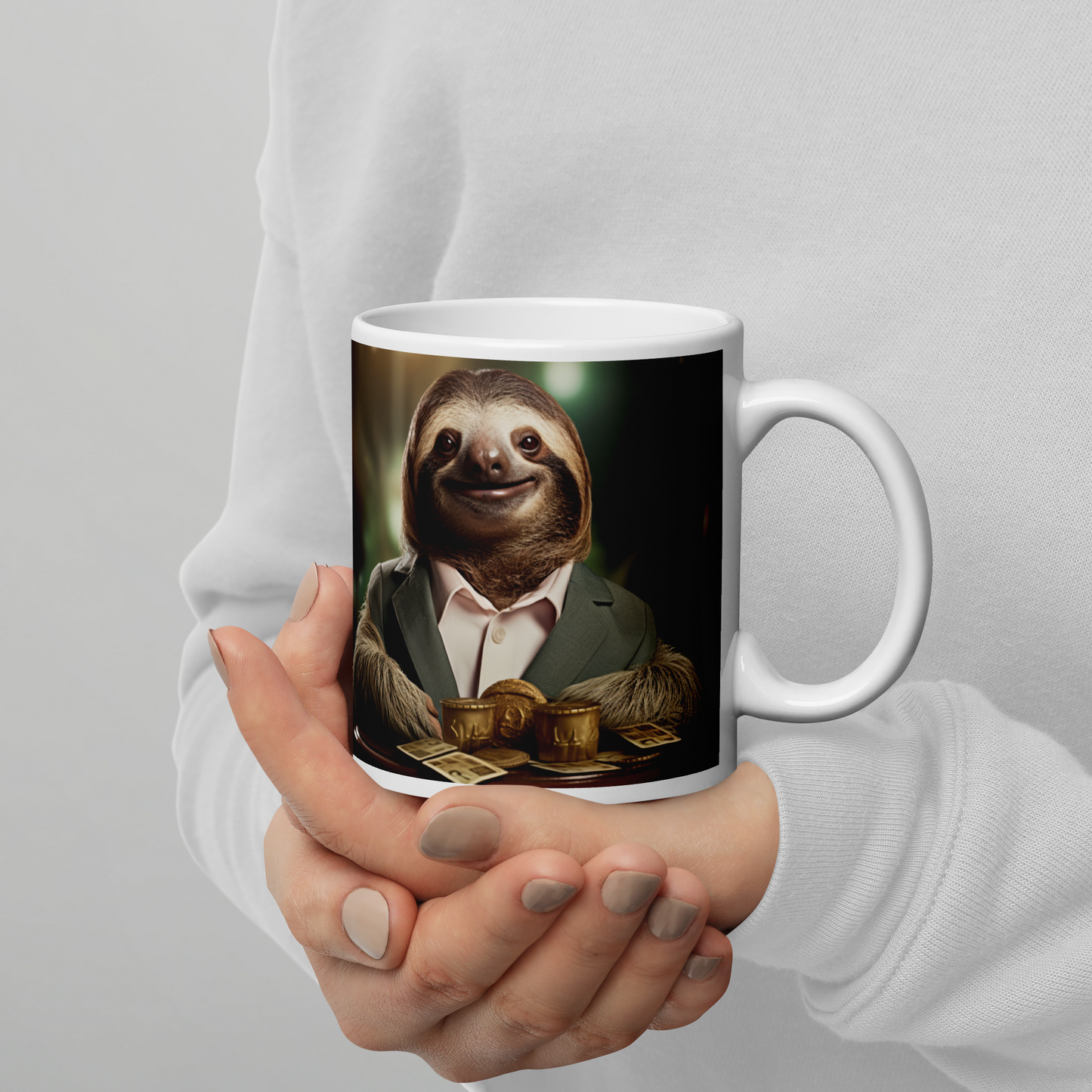 Sloth Millionaire White glossy mug