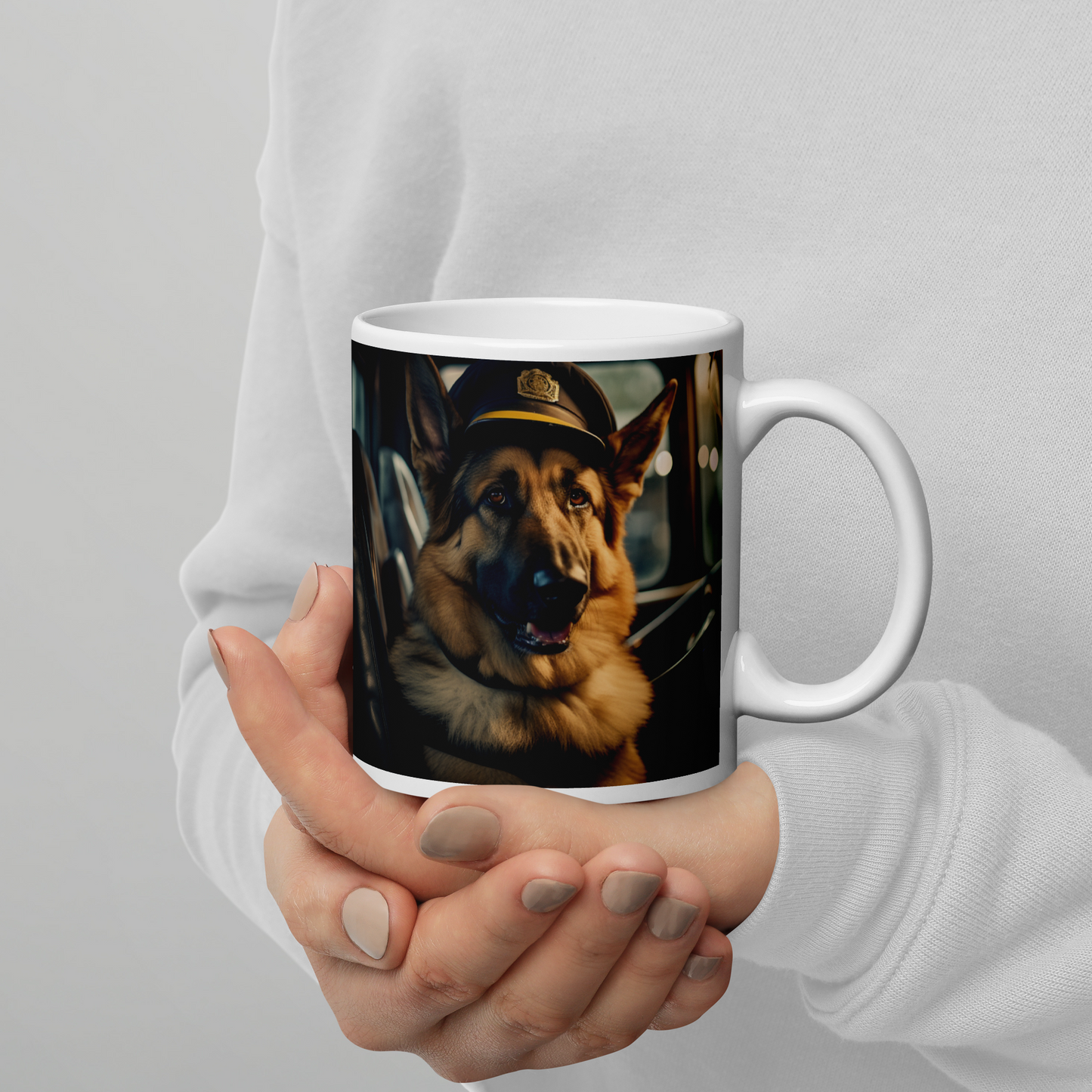 German Shepherd Bus Driver White glossy mug