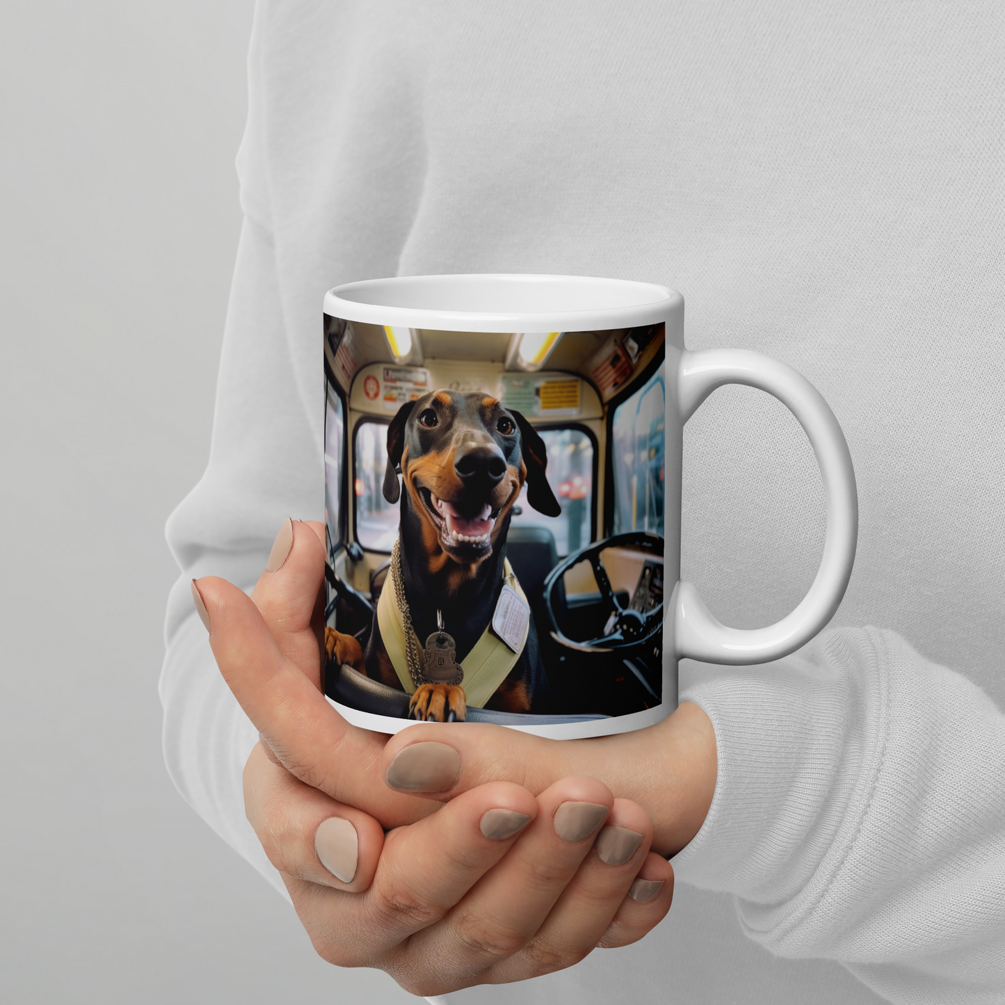 Dachshund Bus Driver White glossy mug