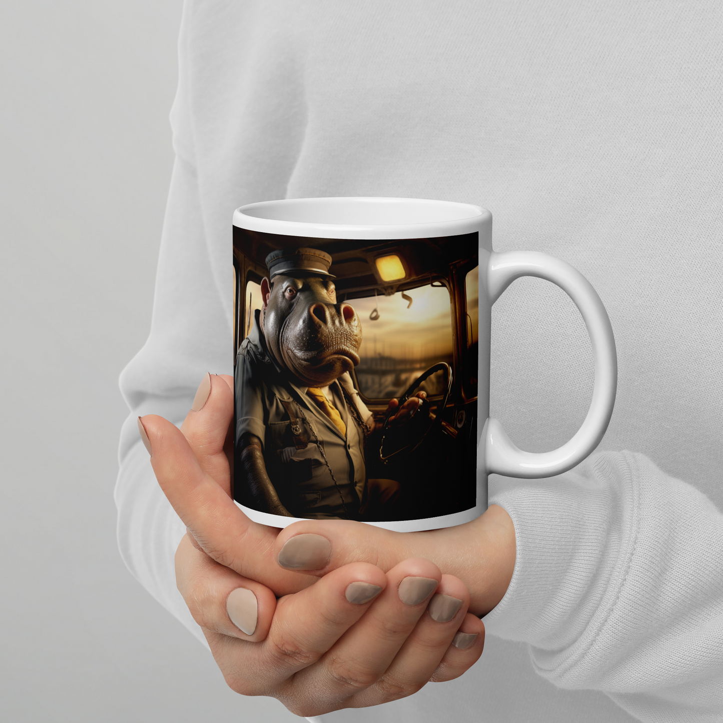 Hippo Bus Driver White glossy mug