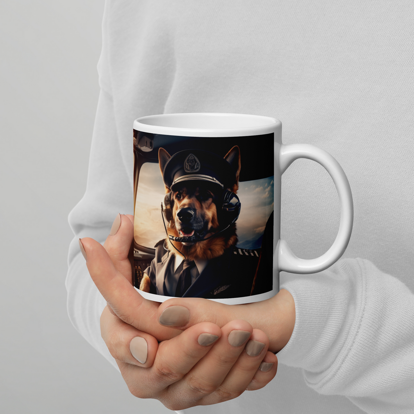 German Shepherd Airline Pilot White glossy mug