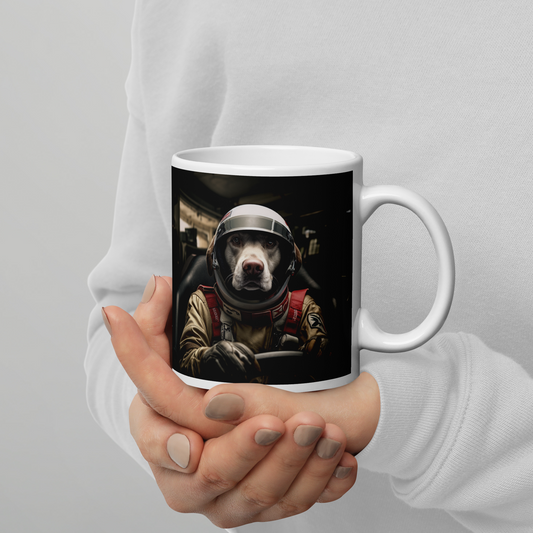 Labrador Retriever F1 Car Driver White glossy mug