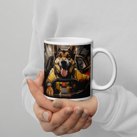 German Shepherd F1 Car Driver White glossy mug