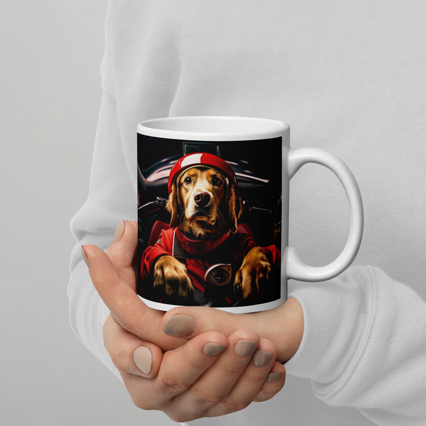 Golden Retriever F1 Car Driver White glossy mug