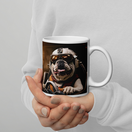 Bulldog F1 Car Driver White glossy mug