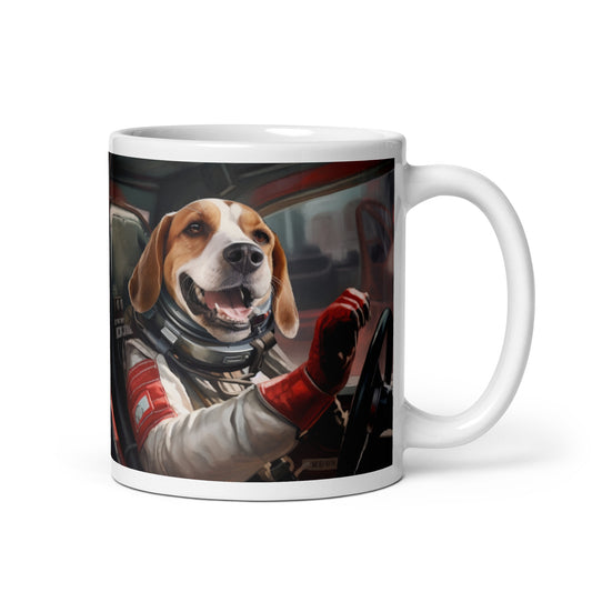 Beagle F1 Car Driver White glossy mug