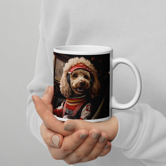 Poodle F1 Car Driver White glossy mug