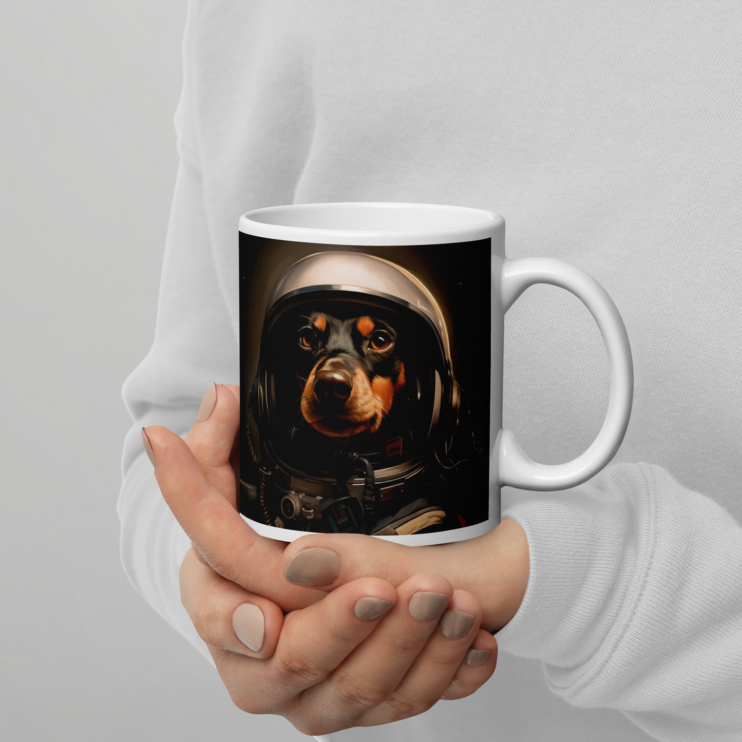 Dachshund F1 Car Driver White glossy mug