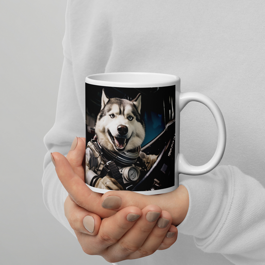 Siberian Husky F1 Car Driver White glossy mug