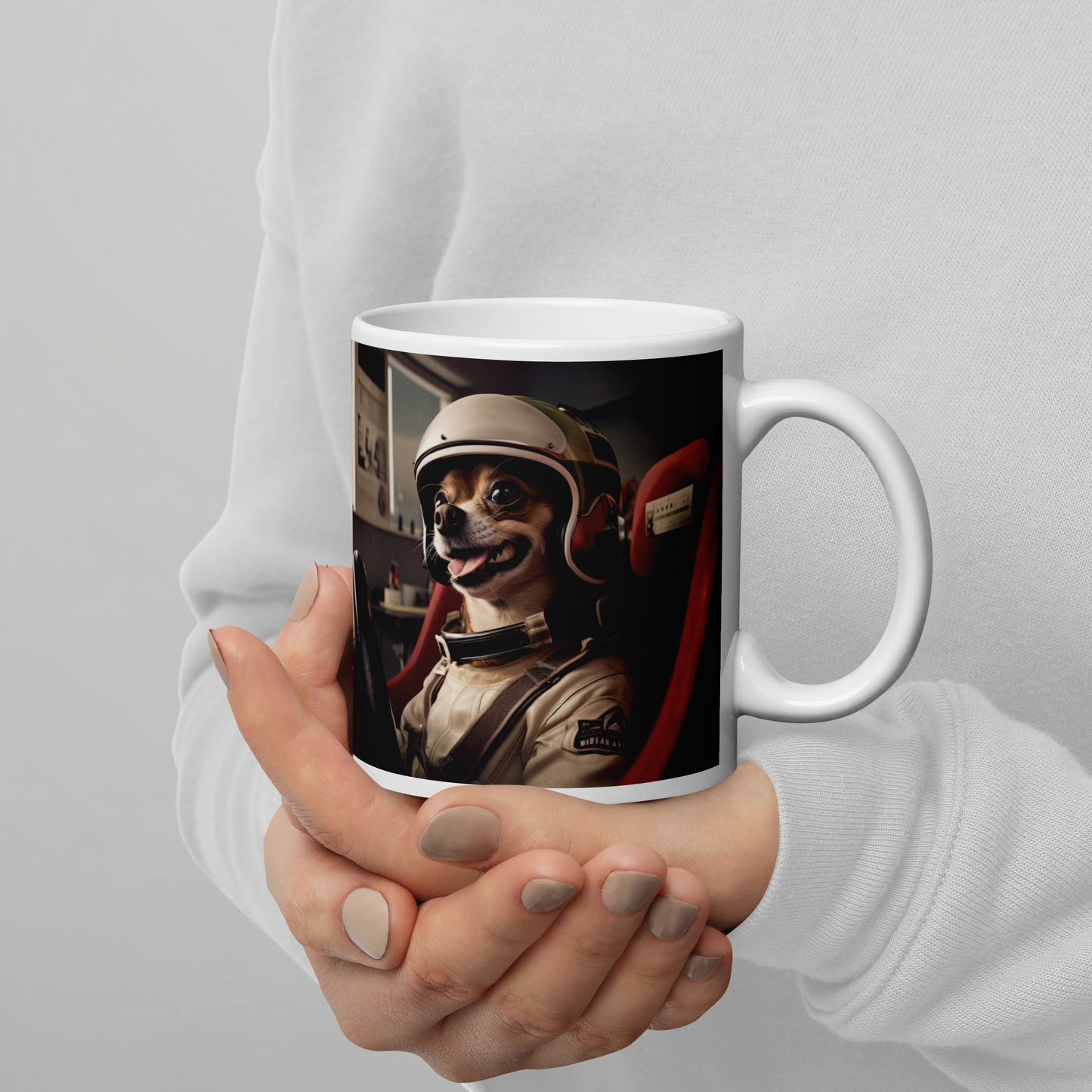 Chihuahua F1 Car Driver White glossy mug