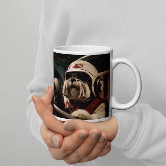 Shih Tzu F1 Car Driver White glossy mug