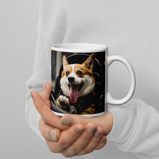 Pembroke Welsh Corgi F1 Car Driver White glossy mug