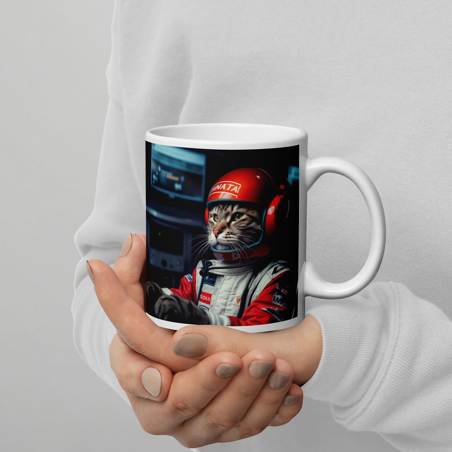 Domestic Shorthair F1 Car Driver White glossy mug