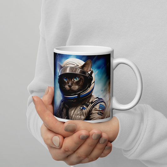 Siamese F1 Car Driver White glossy mug