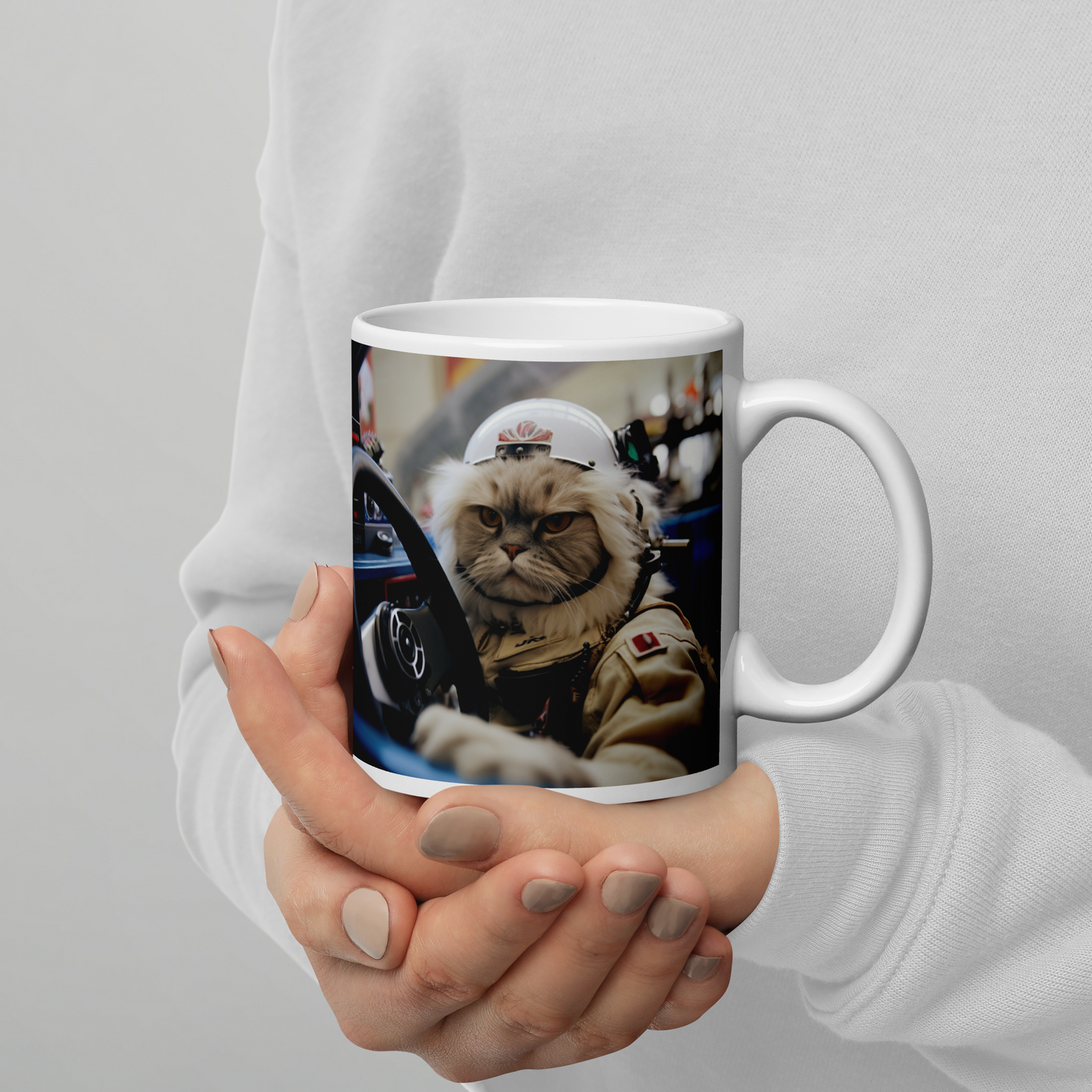 Persian F1 Car Driver White glossy mug