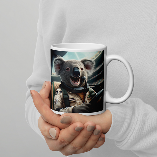 Koala F1 Car Driver White glossy mug