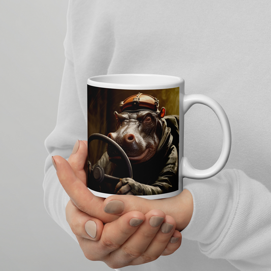 Hippo F1 Car Driver White glossy mug