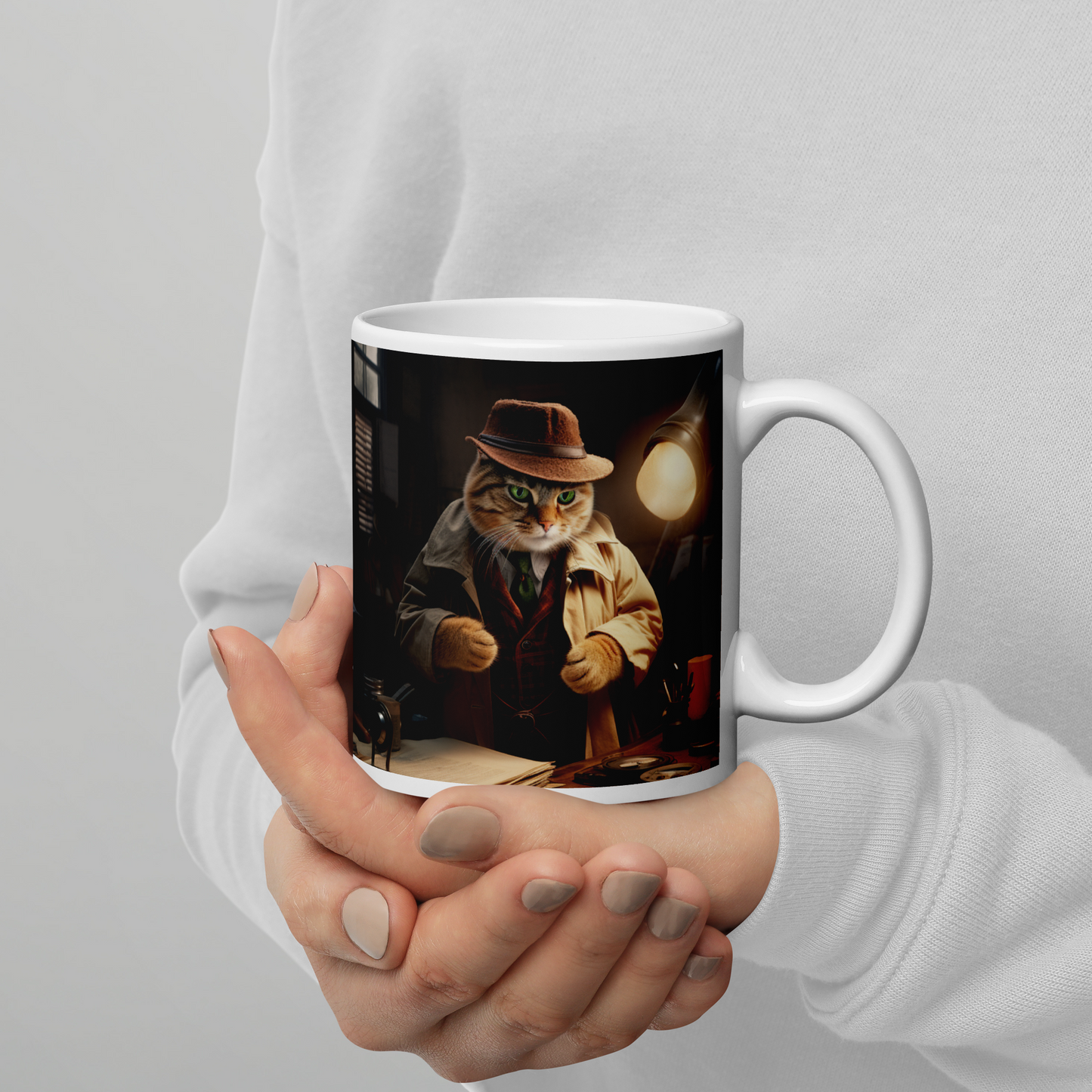 Domestic Shorthair Detective White glossy mug