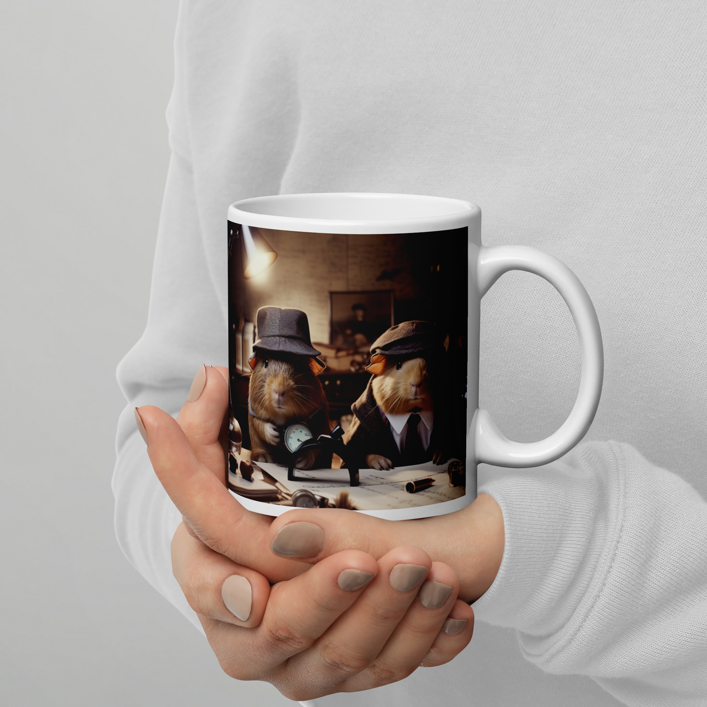 Guinea Pigs Detective White glossy mug