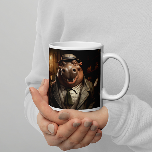 Hippo Detective White glossy mug