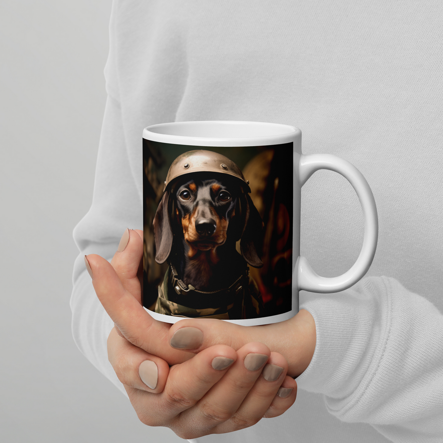 Dachshund Military Person White glossy mug