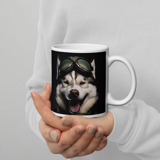 Siberian Husky Military Person White glossy mug