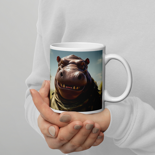 Hippo Military Person White glossy mug
