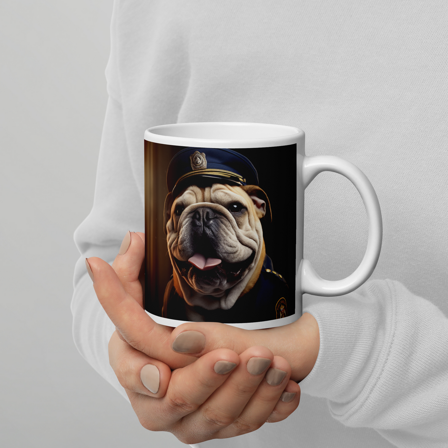 Bulldog Police Officer White glossy mug