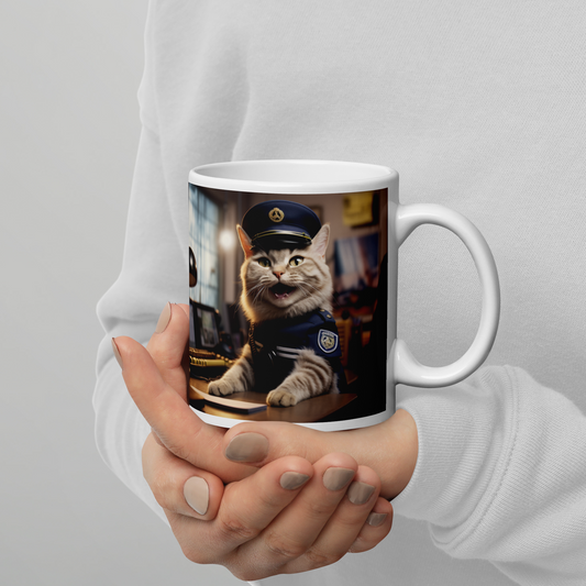 Domestic Shorthair Police Officer White glossy mug