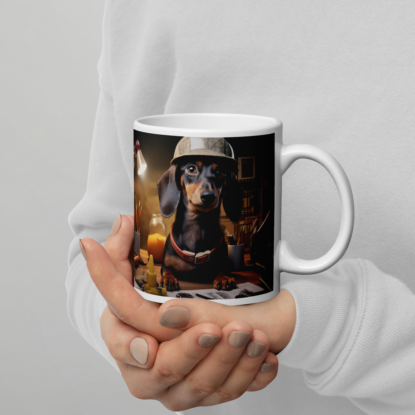 Dachshund Engineer White glossy mug