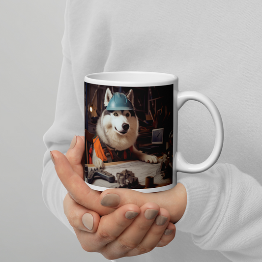Siberian Husky Engineer White glossy mug