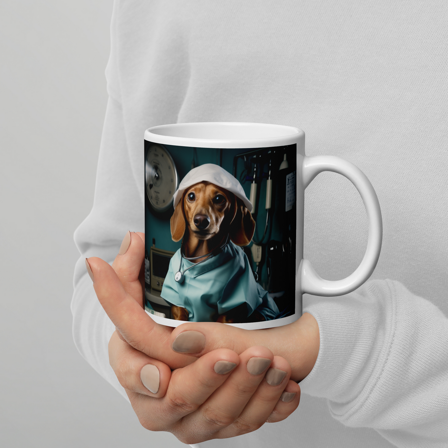 Dachshund Nurse White glossy mug