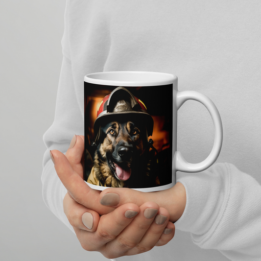 German Shepherd Firefighter White glossy mug