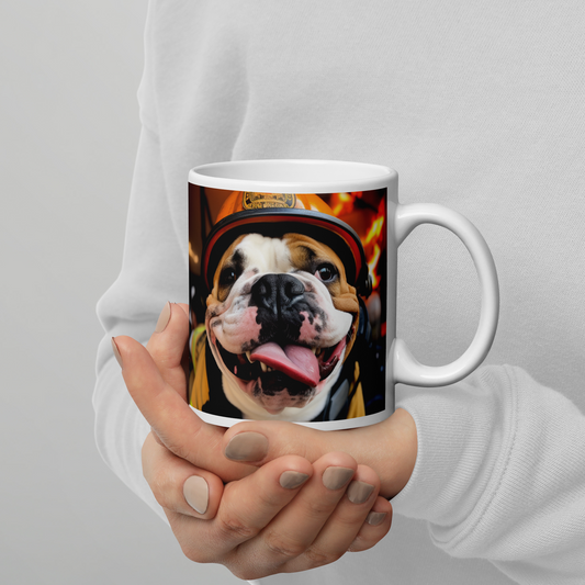 Bulldog Firefighter White glossy mug
