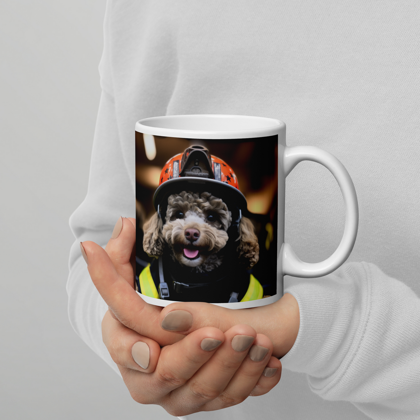 Poodle Firefighter White glossy mug