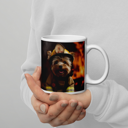 Yorkshire Terrier Firefighter White glossy mug