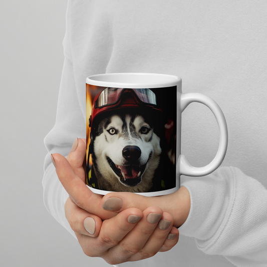 Siberian Husky Firefighter White glossy mug