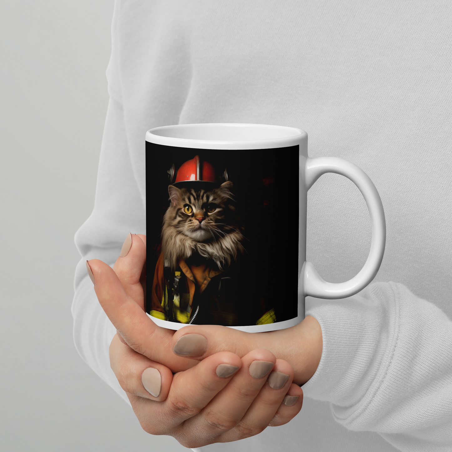 Maine Coon Firefighter White glossy mug