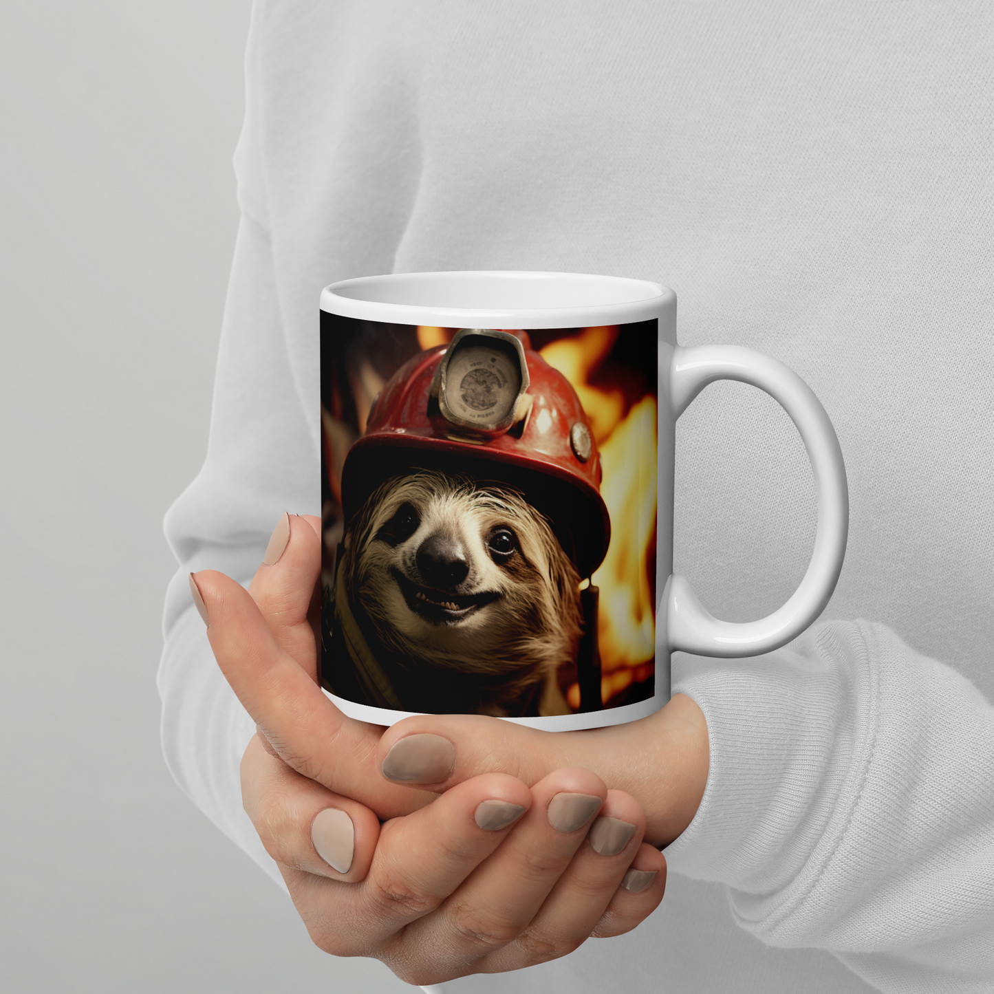 Sloth Firefighter White glossy mug