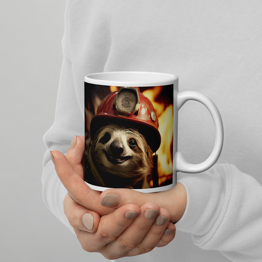 Sloth Firefighter White glossy mug