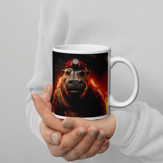 Hippo Firefighter White glossy mug