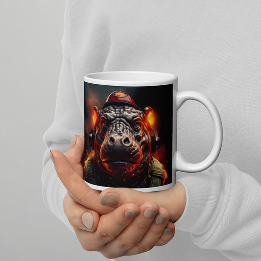 Hippo Firefighter White glossy mug