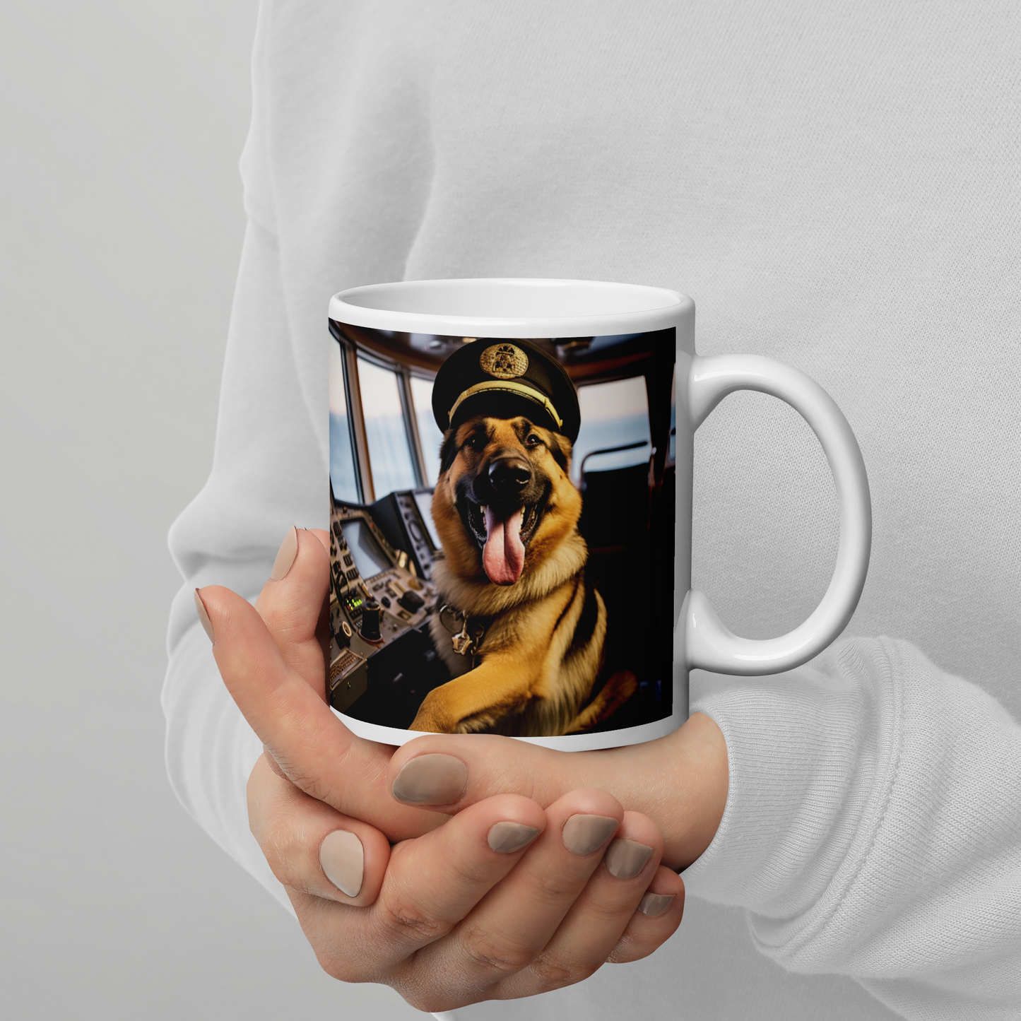 German Shepherd CruiseShipCaptain White glossy mug