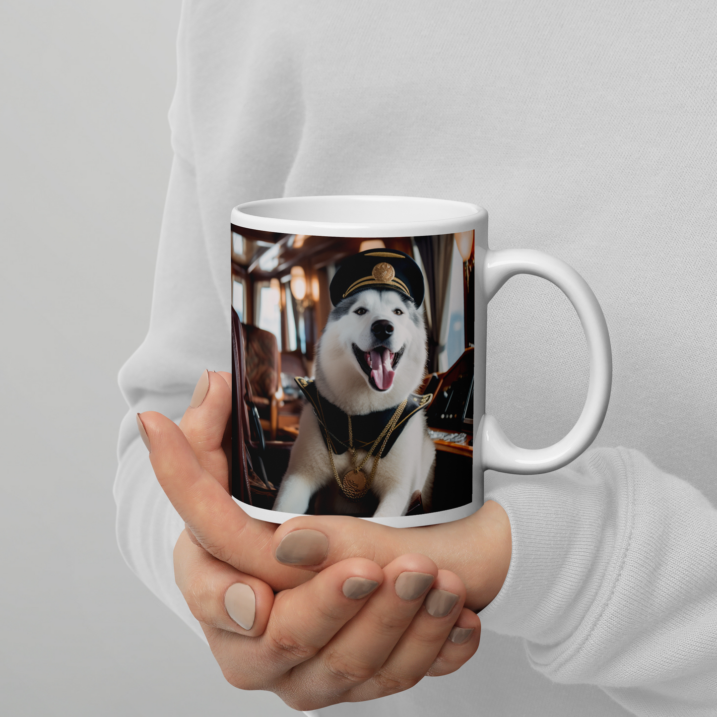 Siberian Husky CruiseShipCaptain White glossy mug