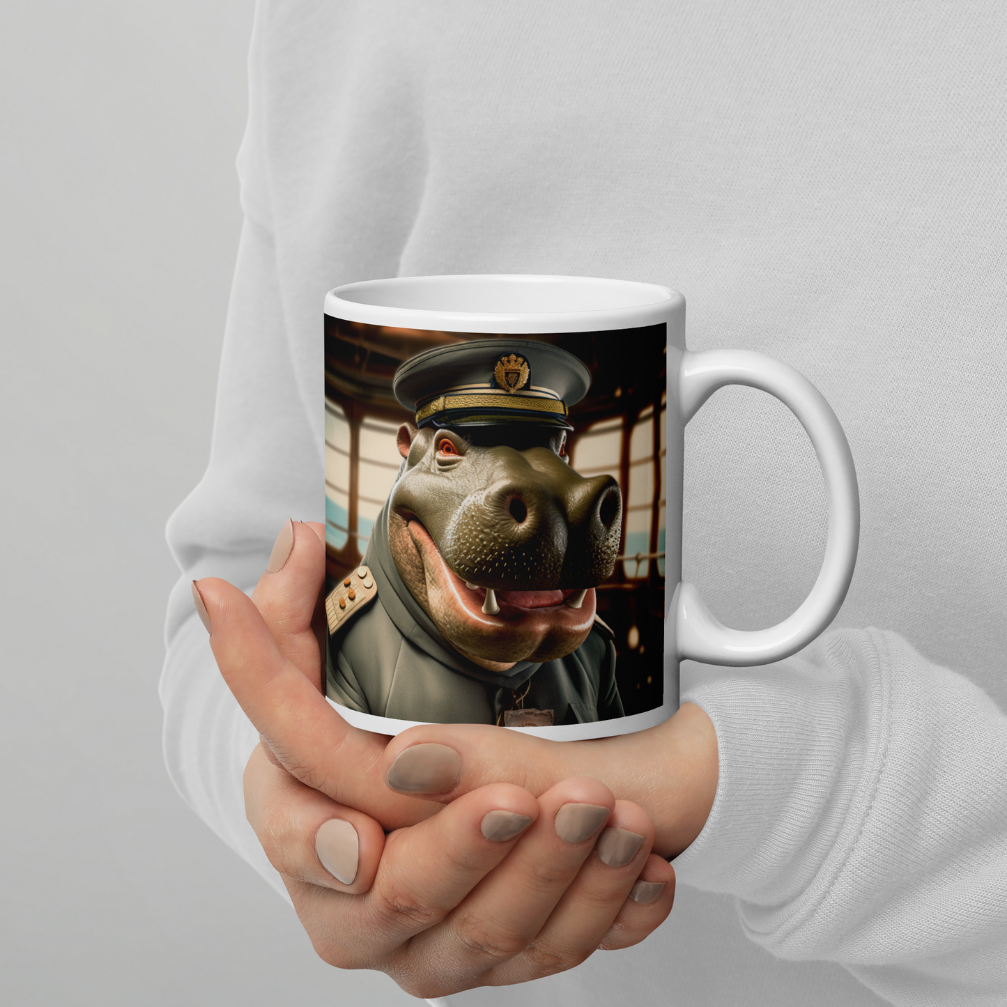 Hippo CruiseShipCaptain White glossy mug