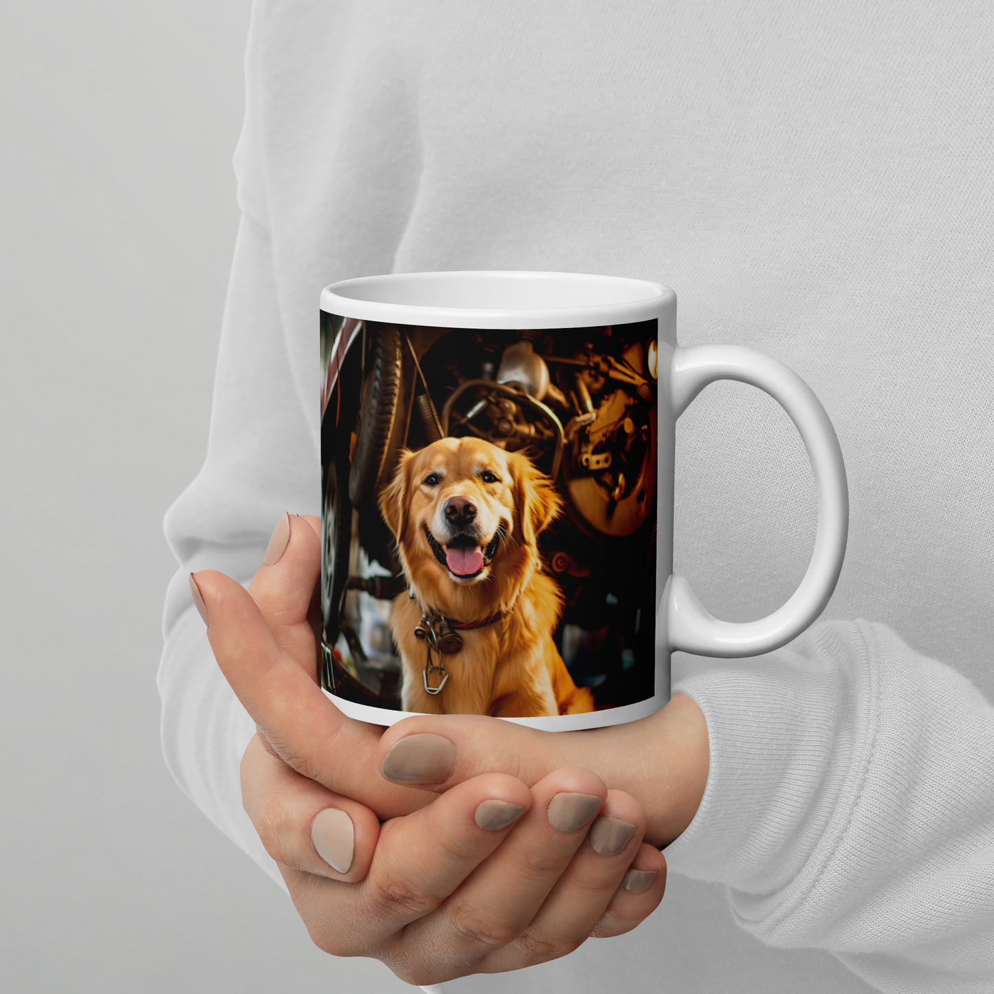 Golden Retriever AutoMechanic White glossy mug