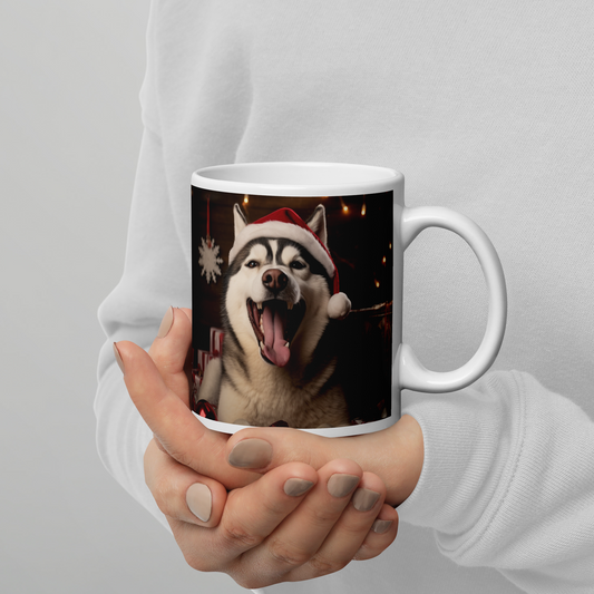 Siberian Husky Christmas White glossy mug