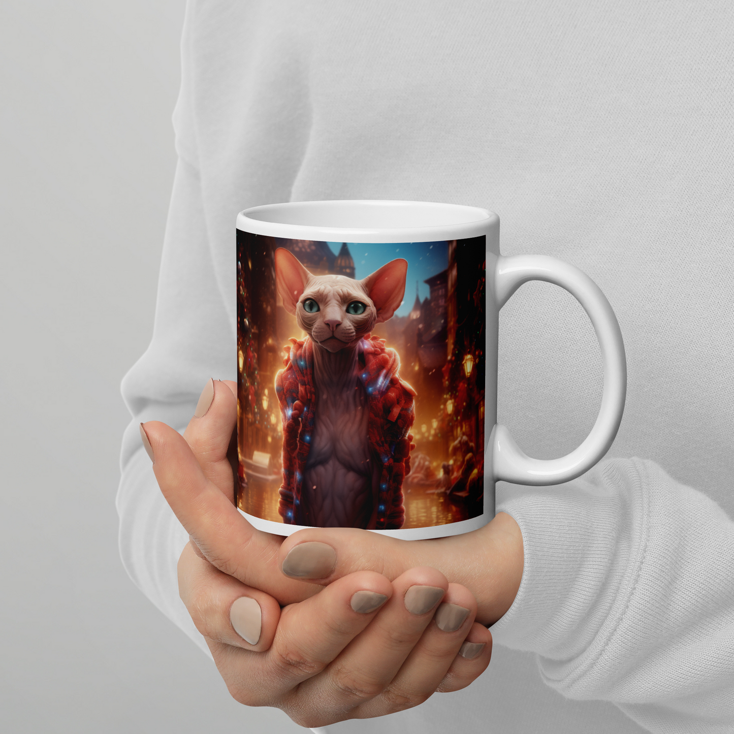 Sphynx Christmas White glossy mug